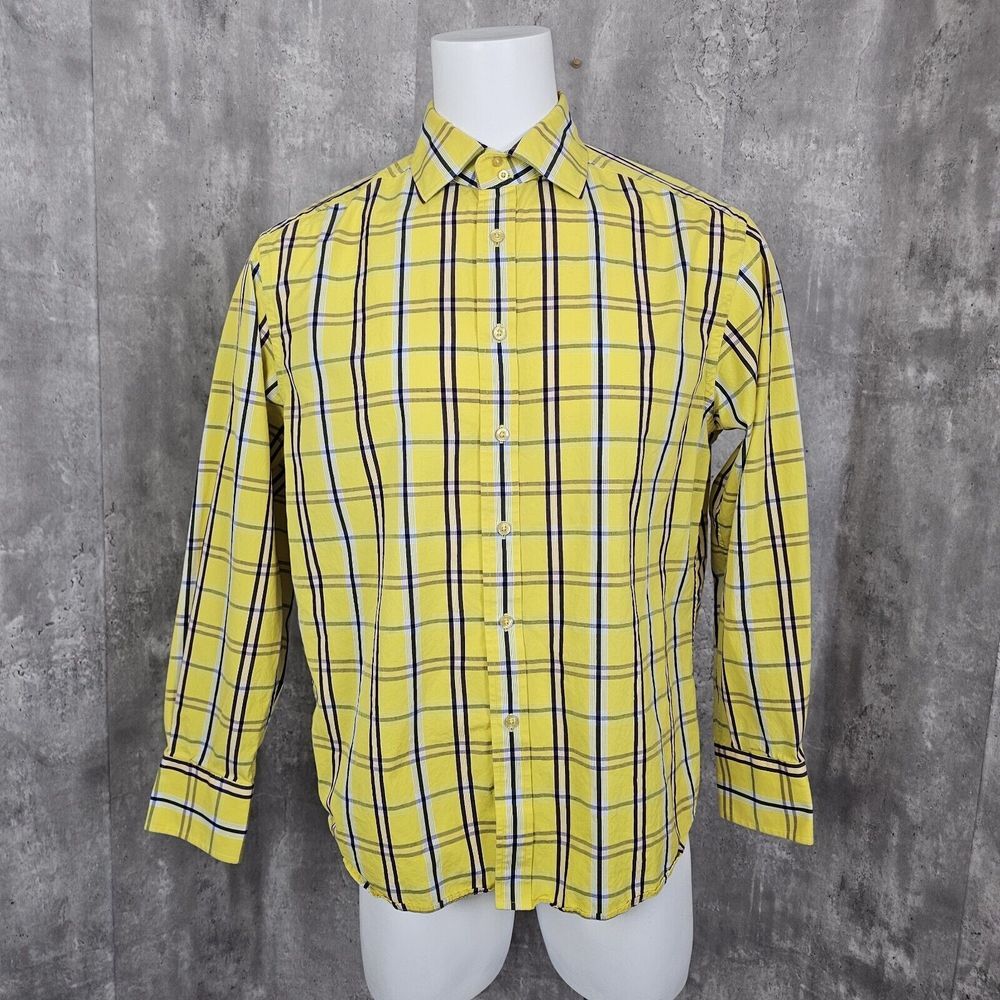 Robert Graham Mens XL Yellow Check Plaid Button Down Long Sleeve Dress Shirt